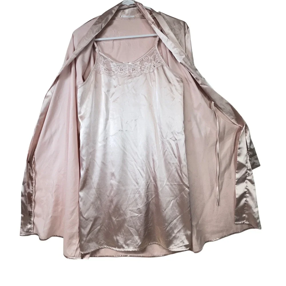 Ekouaer Womens Pink Satin Robe & Nightgown Set Lace‎ Trim Lingerie Size S